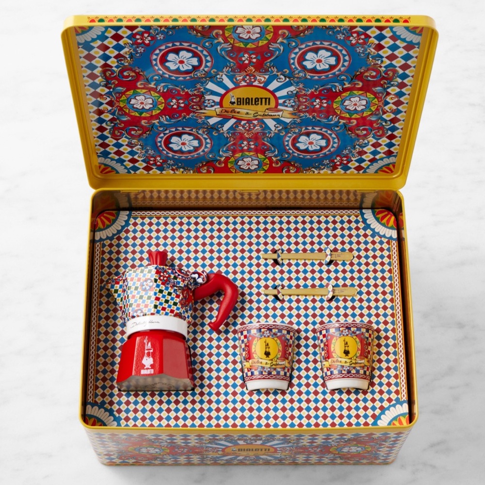 Dolce & Gabbana Red, Blue & Yellow Espresso Set in Decorative Tin